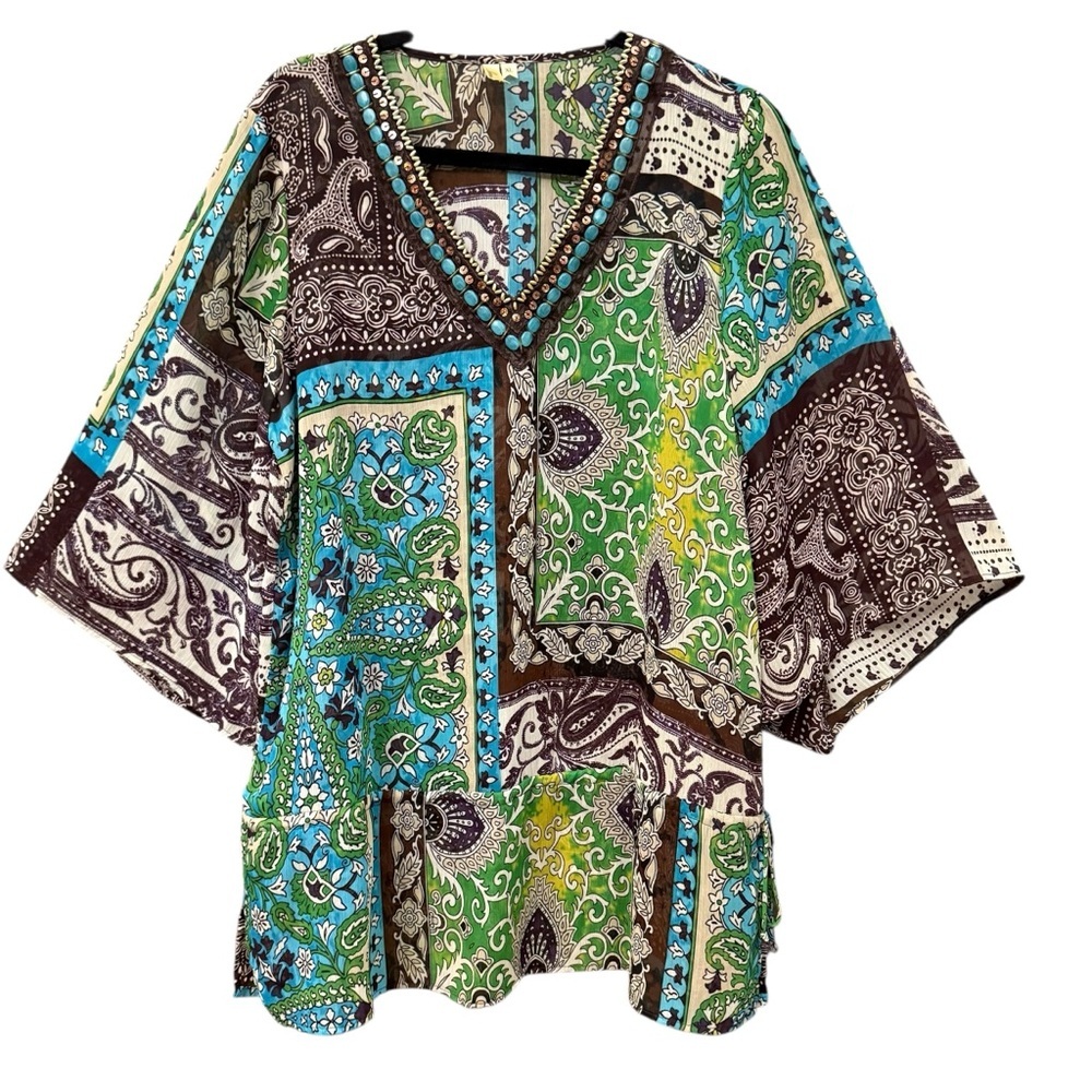 Chenault Boho Patchwork Tunic Top Beaded V-Neck Green Blue Semi Sheer Beach XL 🌿